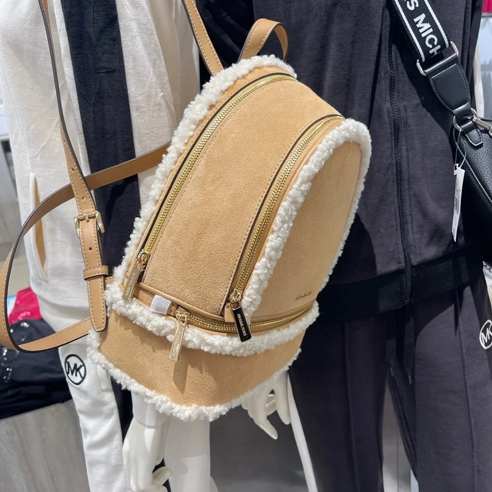 MICHAEL KORS Rhea Medium Suede and Faux Shearling Backpack Peanut  NWT
